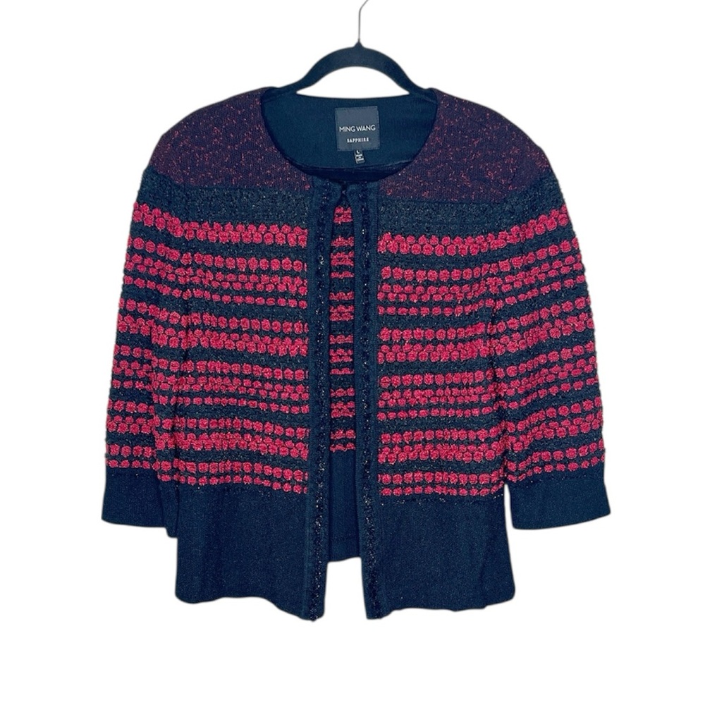 Ming Wang Sapphire Red and Black textured knit cardigan sweater size Large
